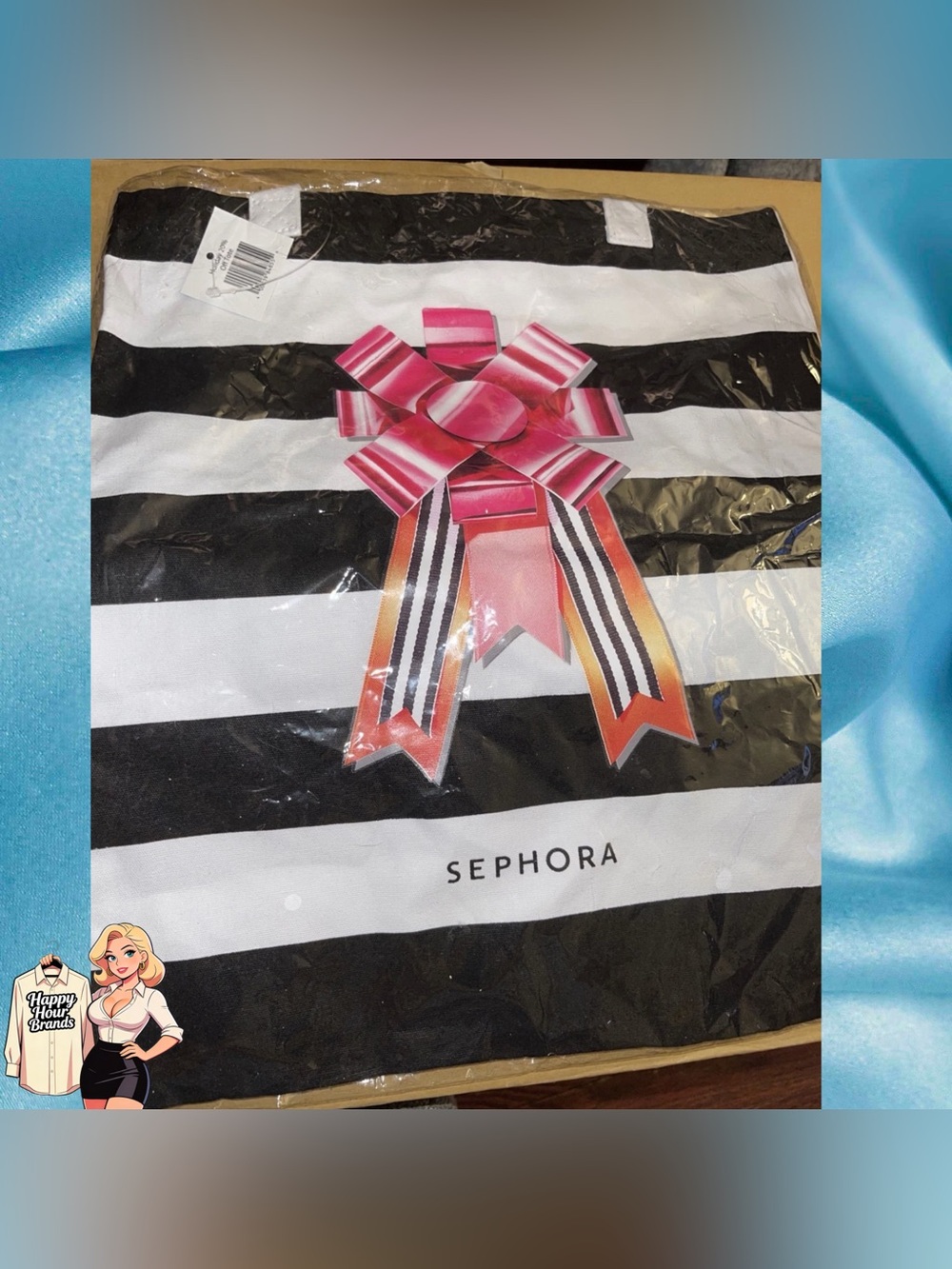 Brand New Sephora Holiday Bow Ribbon Black White Striped Tote Shopping Bag